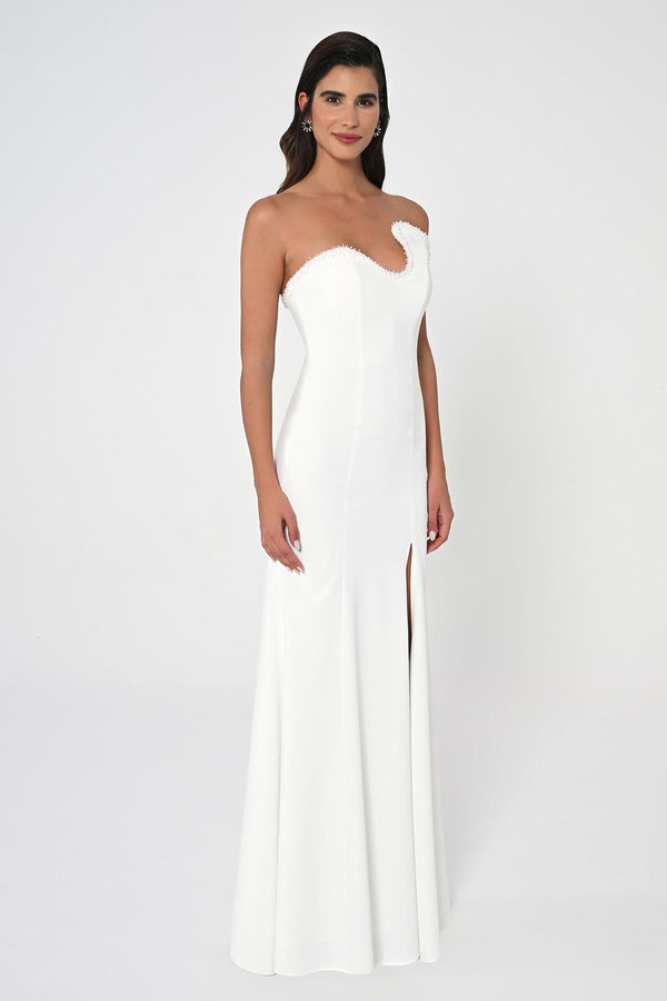 Strapless Embellished Asymmetrical Crepe Long Dress