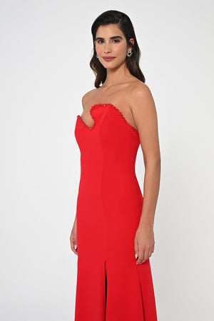 Strapless Embellished Asymmetrical Crepe Long Dress