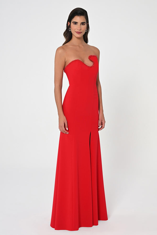 Strapless Embellished Asymmetrical Crepe Long Dress