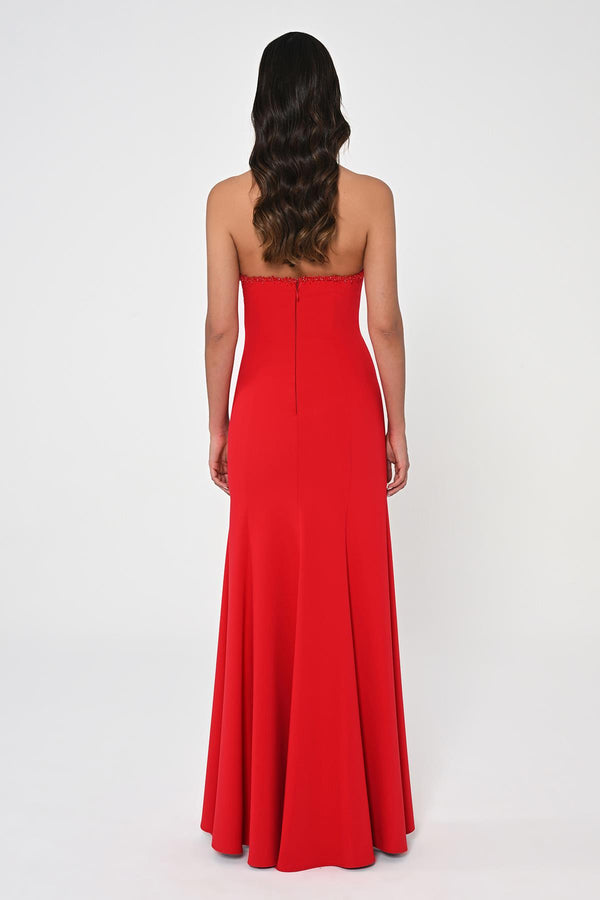 Strapless Embellished Asymmetrical Crepe Long Dress