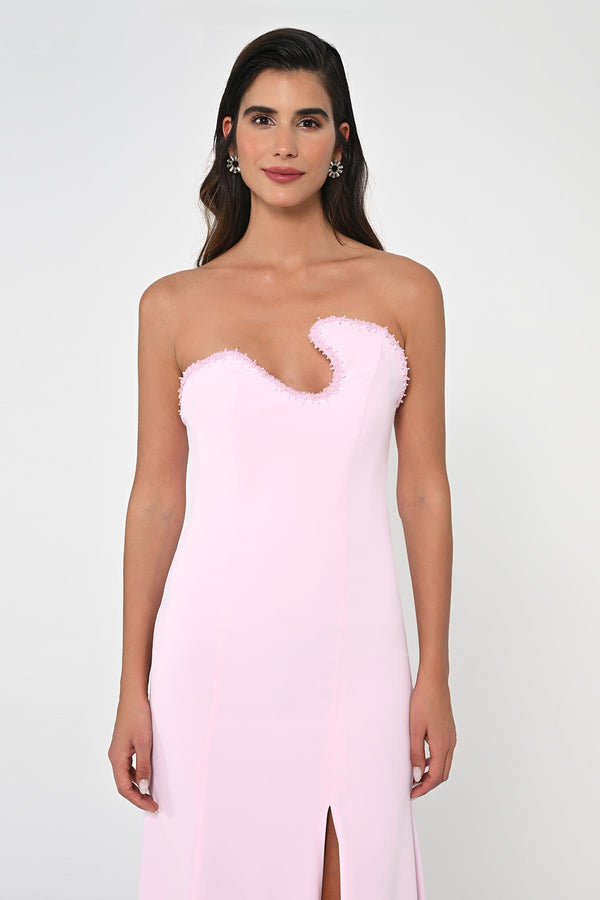 Strapless Embellished Asymmetrical Crepe Long Dress