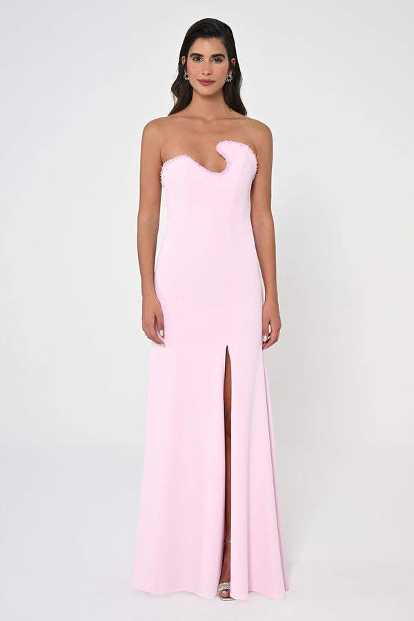 Strapless Embellished Asymmetrical Crepe Long Dress