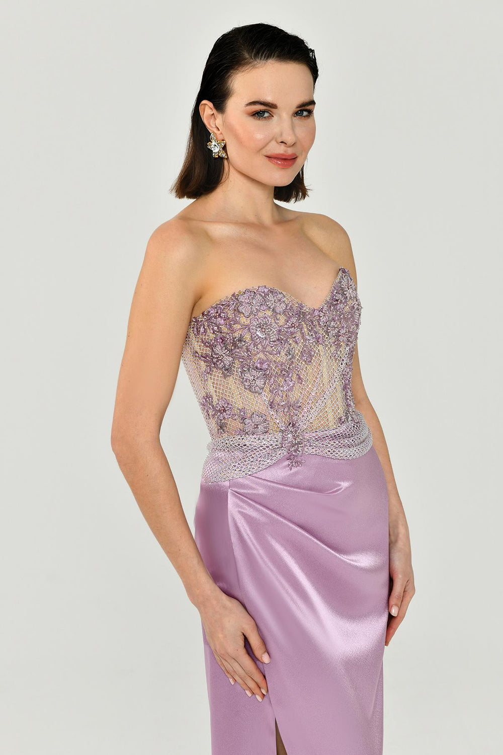 Strapless Embellished Side-Slit Satin Long Dress