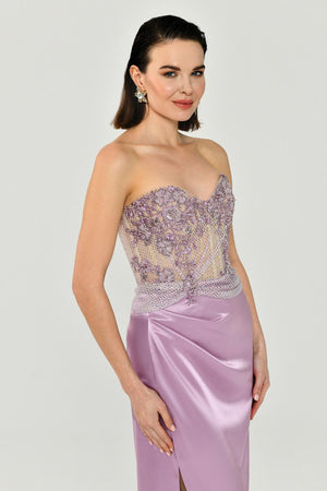 Strapless Embellished Side-Slit Satin Long Dress