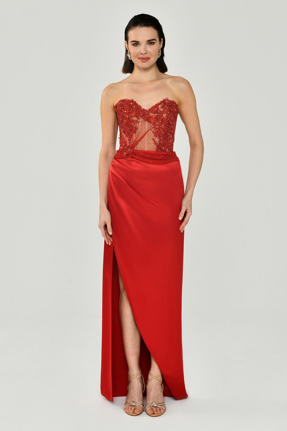 Strapless Embellished Side-Slit Satin Long Dress
