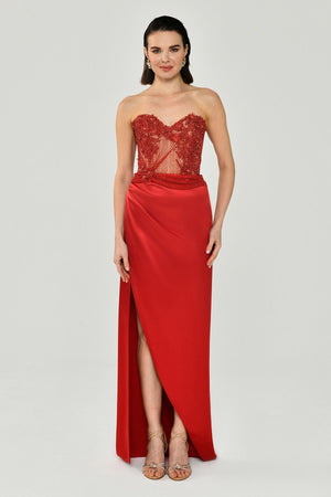Strapless Embellished Side-Slit Satin Long Dress