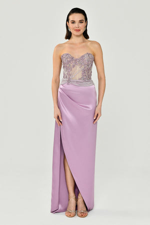 Strapless Embellished Side-Slit Satin Long Dress