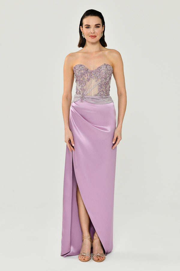 Strapless Embellished Side-Slit Satin Long Dress