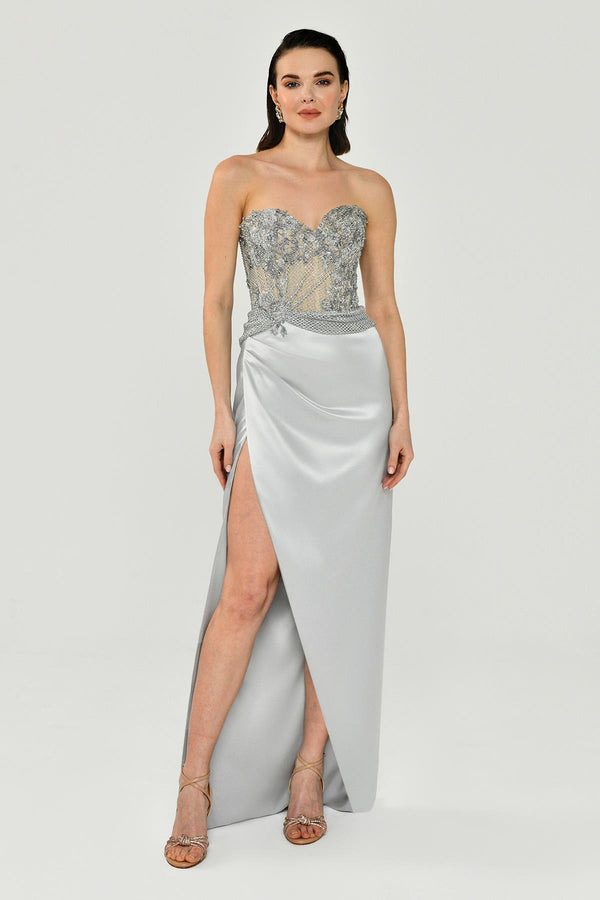 Strapless Embellished Side-Slit Satin Long Dress