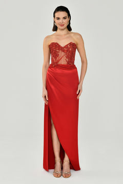 Strapless Embellished Side-Slit Satin Long Dress