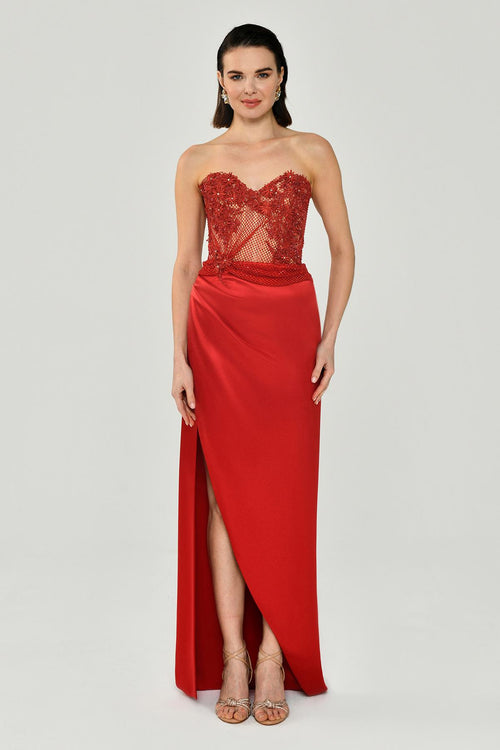 Strapless Embellished Side-Slit Satin Long Dress