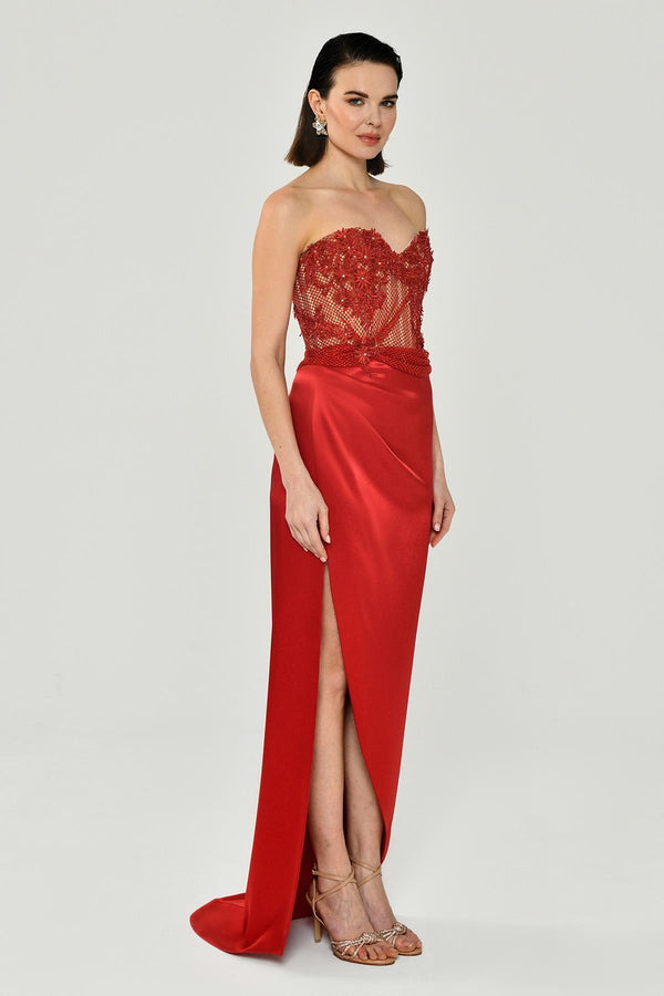 Strapless Embellished Side-Slit Satin Long Dress