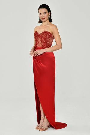 Strapless Embellished Side-Slit Satin Long Dress