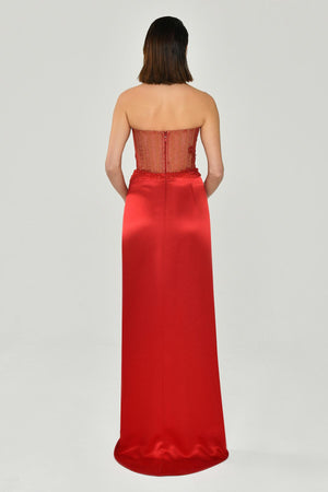 Strapless Embellished Side-Slit Satin Long Dress