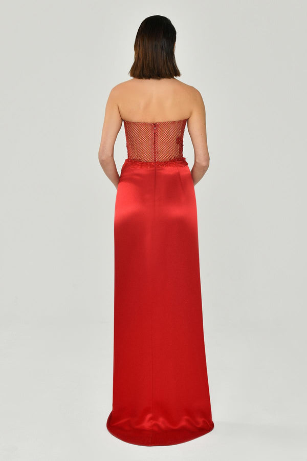 Strapless Embellished Side-Slit Satin Long Dress