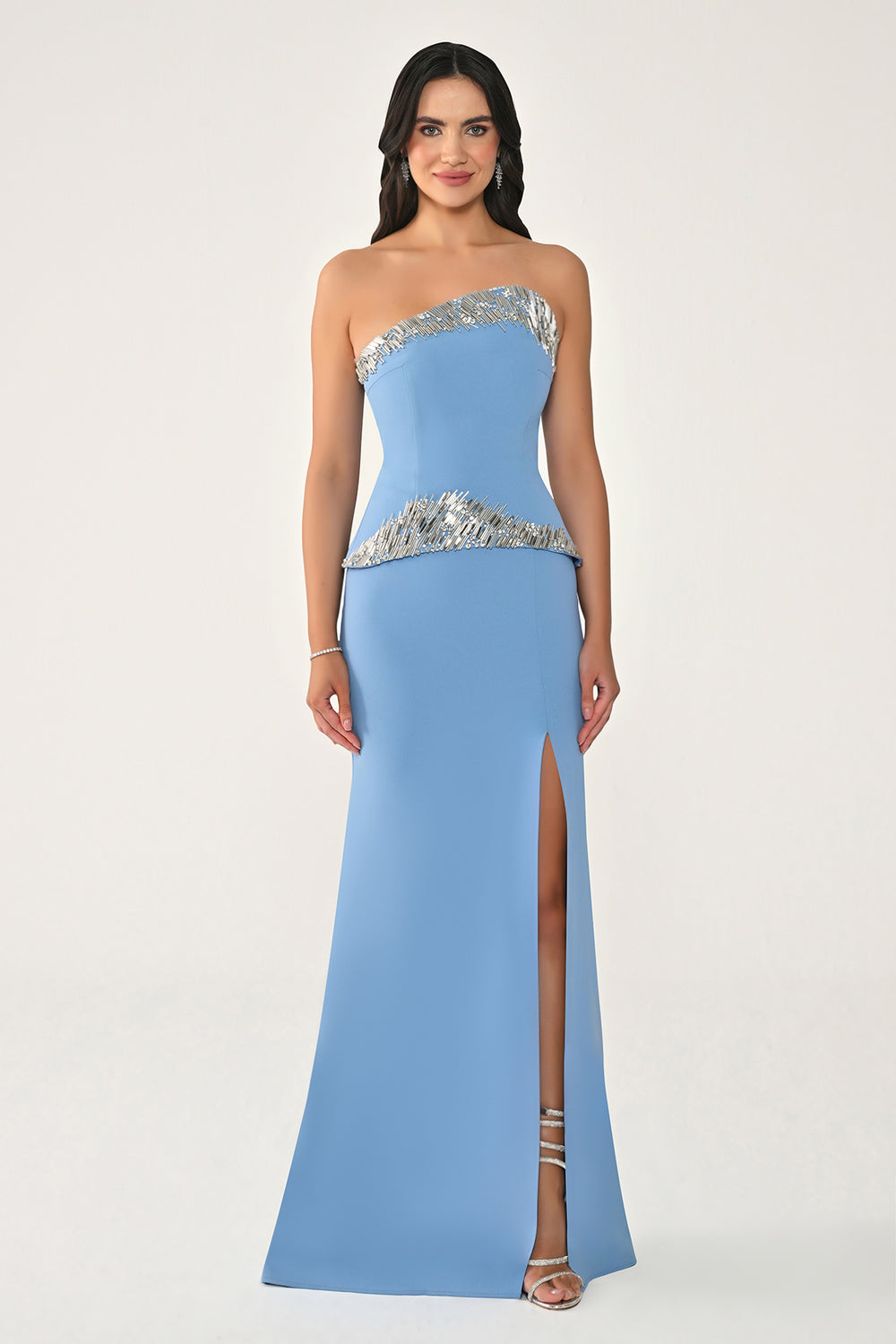 Strapless Long Slit Dress with Embellishments