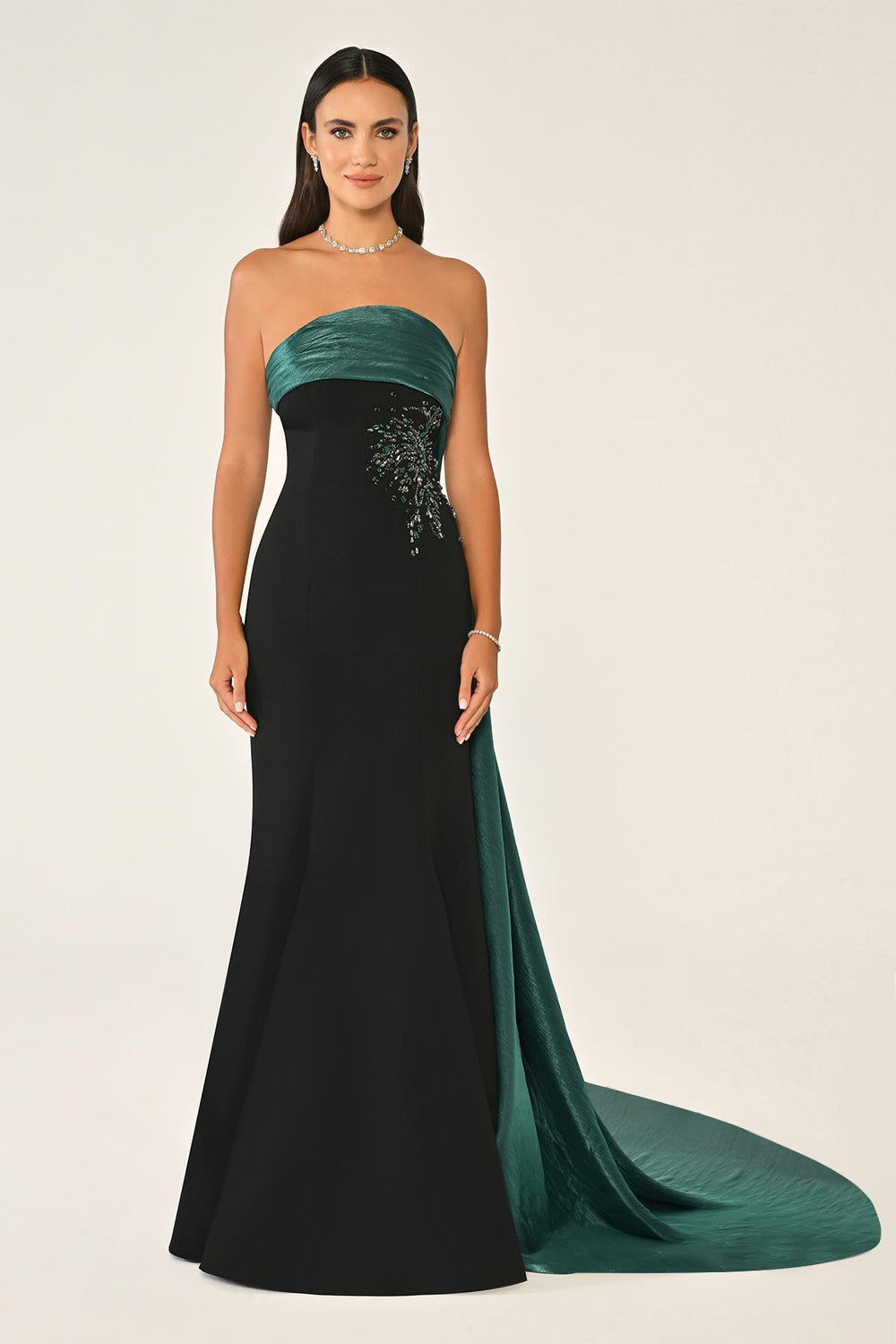 Strapless Embroidered Crepe Long Dress with Train