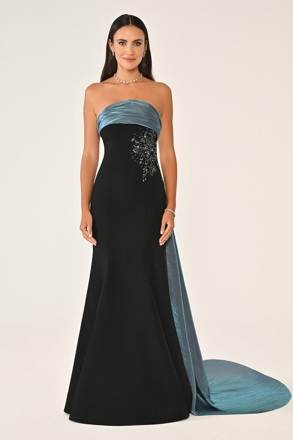 Strapless Embroidered Crepe Long Dress with Train