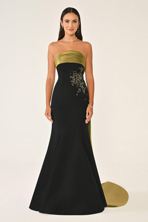 Strapless Embroidered Crepe Long Dress with Train