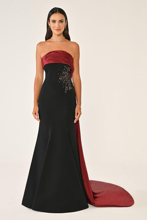 Strapless Embroidered Crepe Long Dress with Train