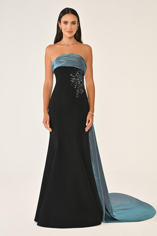 Strapless Embroidered Crepe Long Dress with Train