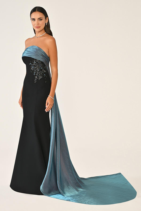Strapless Embroidered Crepe Long Dress with Train