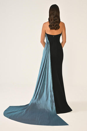 Strapless Embroidered Crepe Long Dress with Train