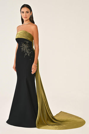 Strapless Embroidered Crepe Long Dress with Train