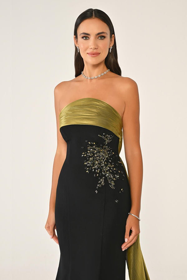 Strapless Embroidered Crepe Long Dress with Train