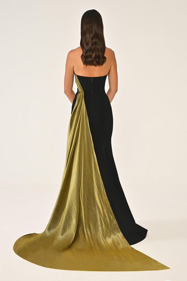 Strapless Embroidered Crepe Long Dress with Train