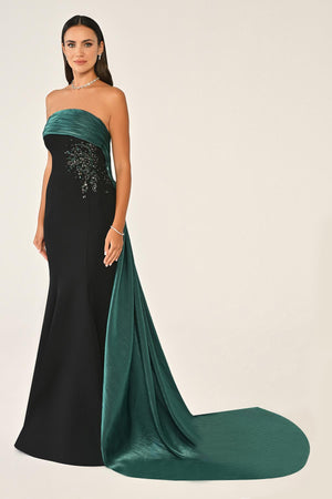 Strapless Embroidered Crepe Long Dress with Train