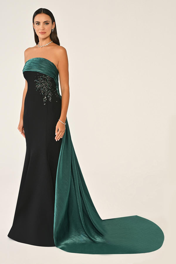 Strapless Embroidered Crepe Long Dress with Train