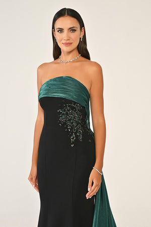 Strapless Embroidered Crepe Long Dress with Train