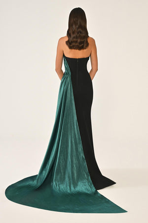 Strapless Embroidered Crepe Long Dress with Train