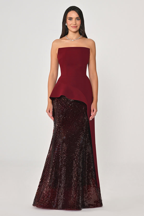 Strapless Top Crepe Skirt Sequin Long Dress
