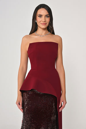Strapless Top Crepe Skirt Sequin Long Dress