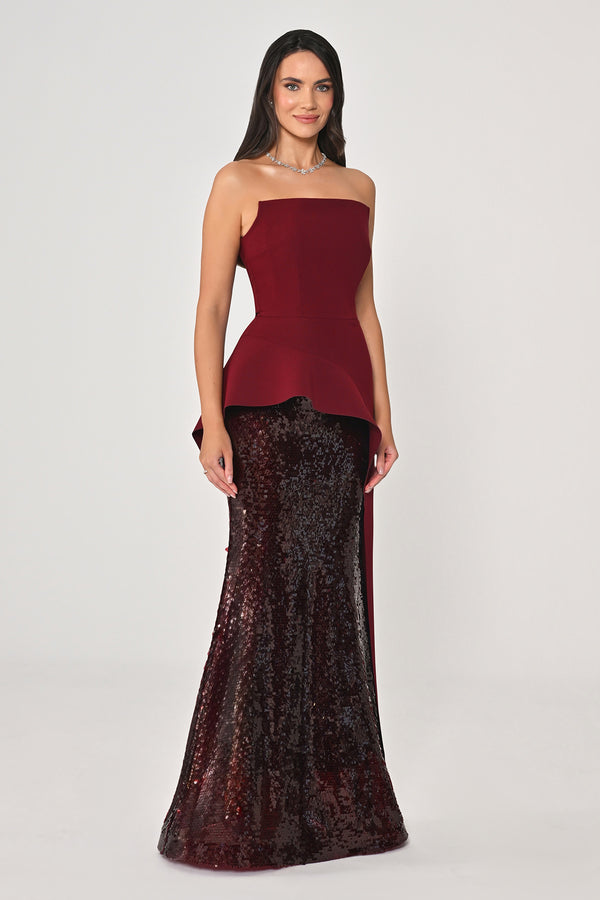 Strapless Top Crepe Skirt Sequin Long Dress