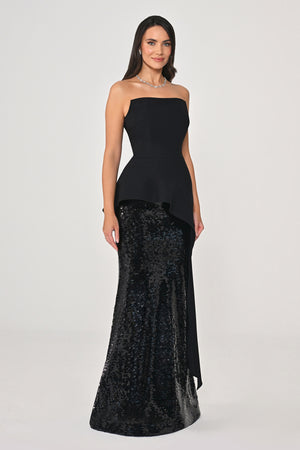 Strapless Top Crepe Skirt Sequin Long Dress