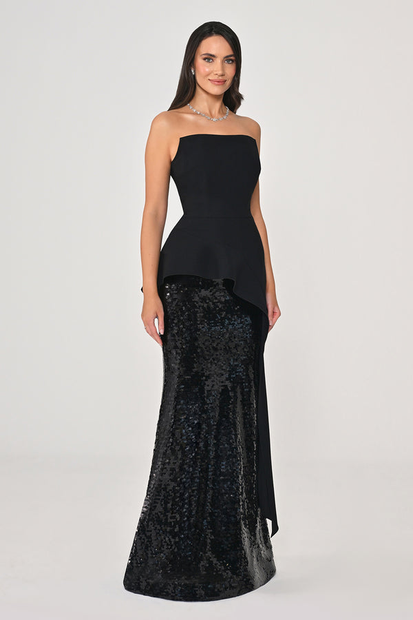 Strapless Top Crepe Skirt Sequin Long Dress