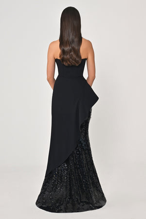 Strapless Top Crepe Skirt Sequin Long Dress