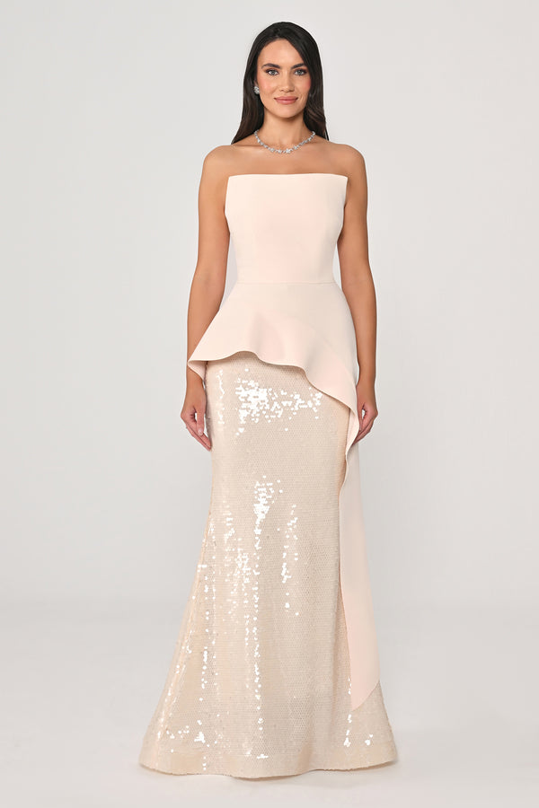 Strapless Top Crepe Skirt Sequin Long Dress