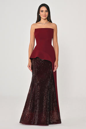 Strapless Top Crepe Skirt Sequin Long Dress