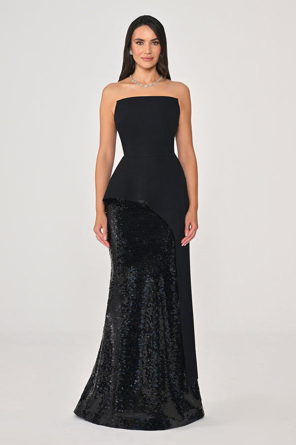 Strapless Top Crepe Skirt Sequin Long Dress
