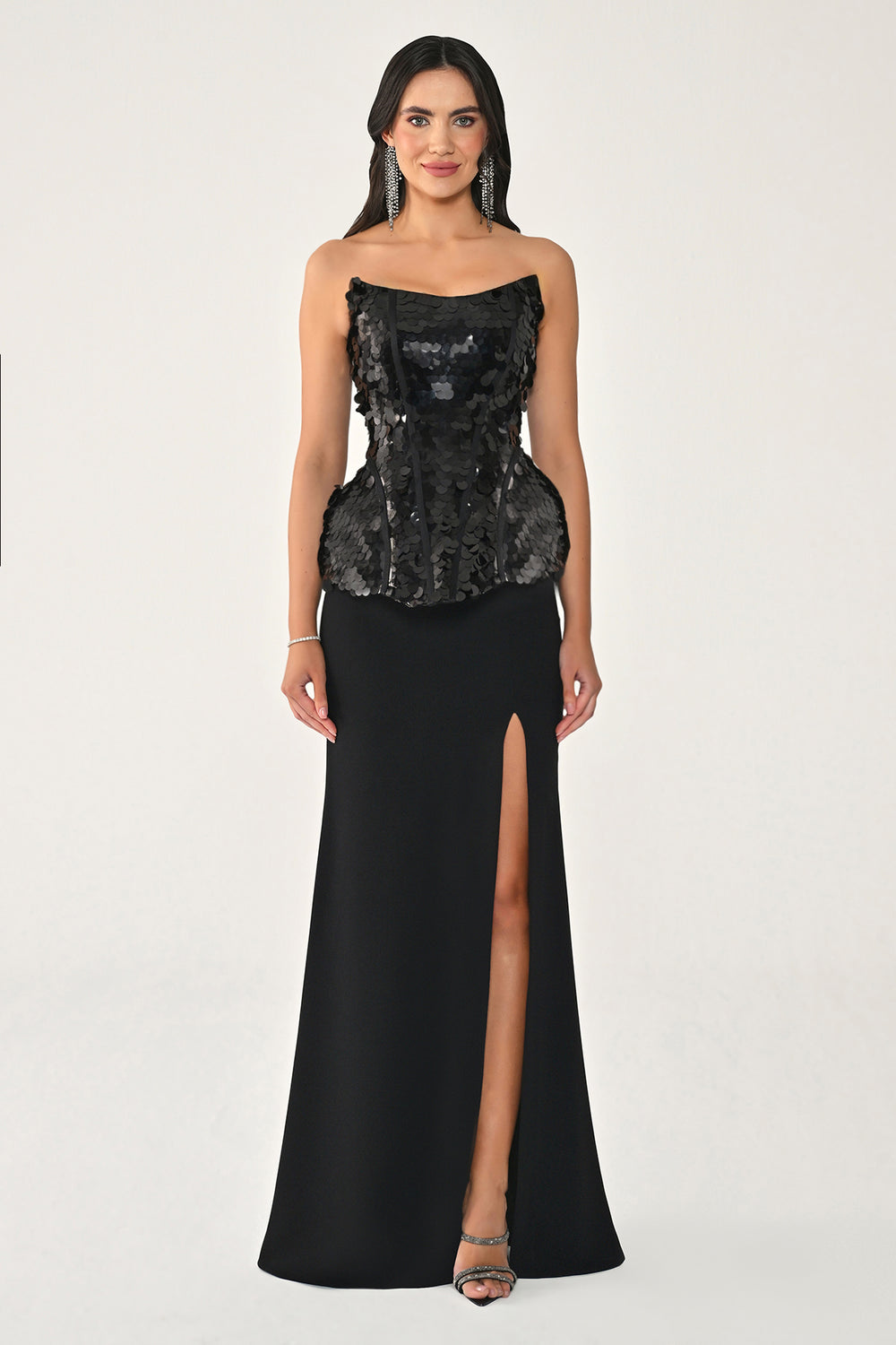 Strapless Sequin Top and Skirt Knit Long Dress