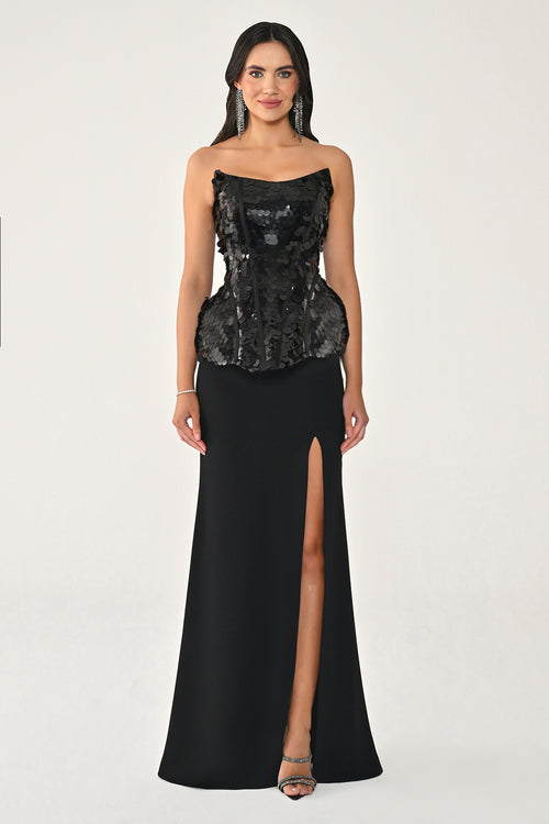 Strapless Sequin Top and Skirt Knit Long Dress