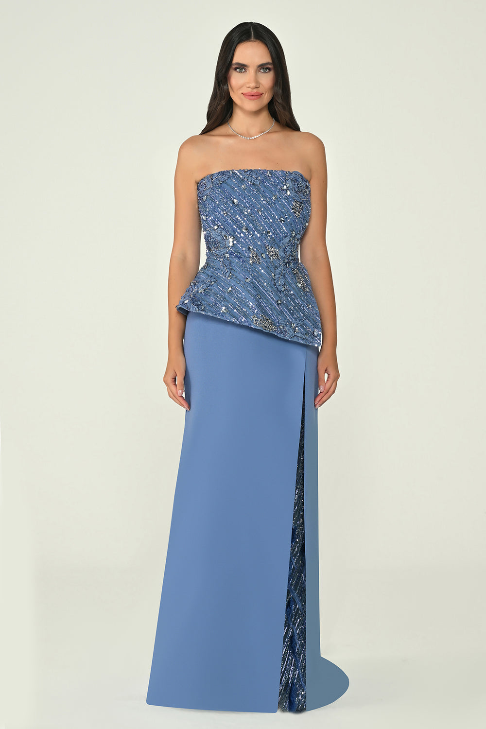 Strapless Sequin-Slit Crepe Long Dress