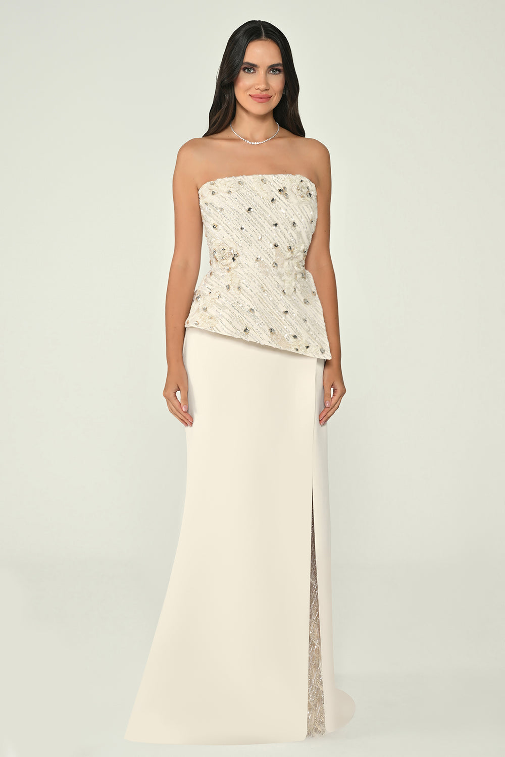Strapless Sequin-Slit Crepe Long Dress