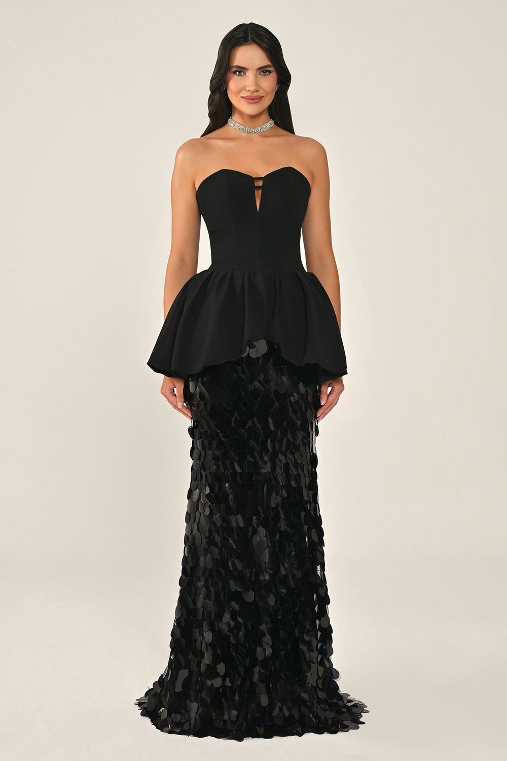 Strapless Ruffled Skirt Sequined Long Dress