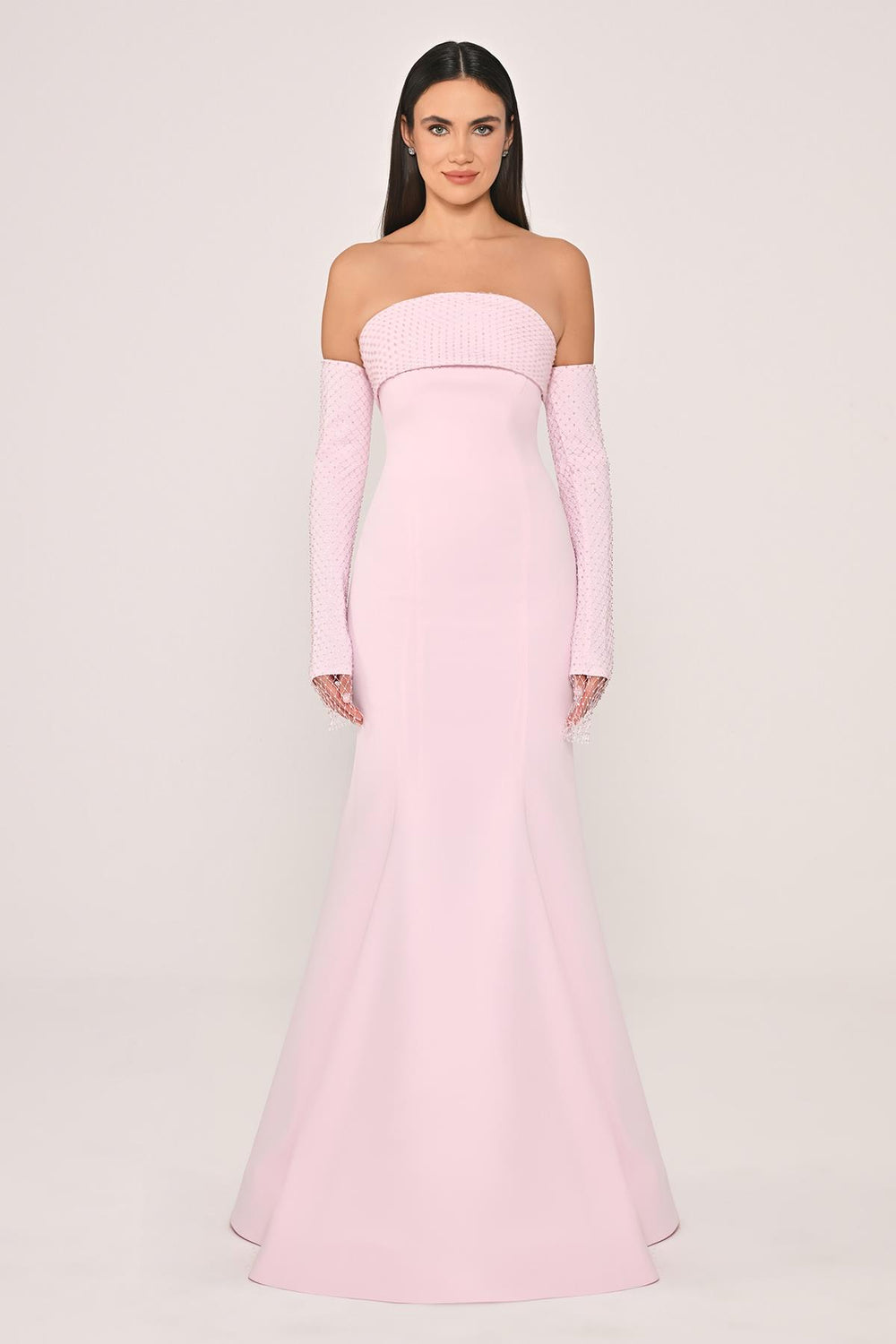 Strapless Neck and Sleeves Stone Embellished Mesh Crepe Long Dress