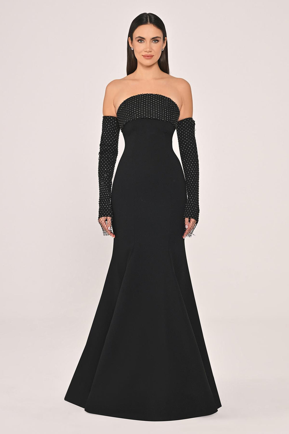 Strapless Neck and Sleeves Stone Embellished Mesh Crepe Long Dress